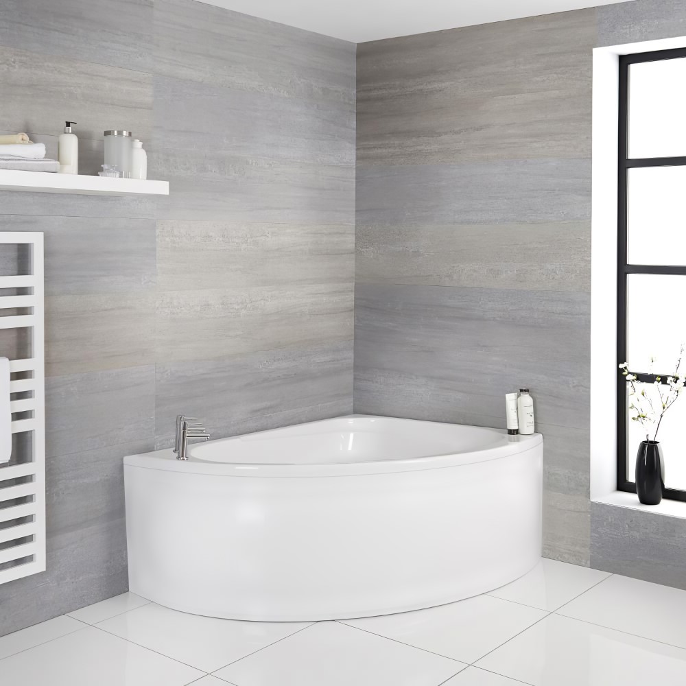 Milano Newby - White Modern Right Hand Corner Bath with Panel - 1500mm x 1020mm