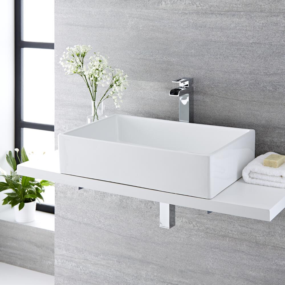 Milano Westby - White Modern Rectangular Countertop Basin with Deck Mounted High Rise Mixer Tap - 610mm x 400mm (No Tap-Holes)