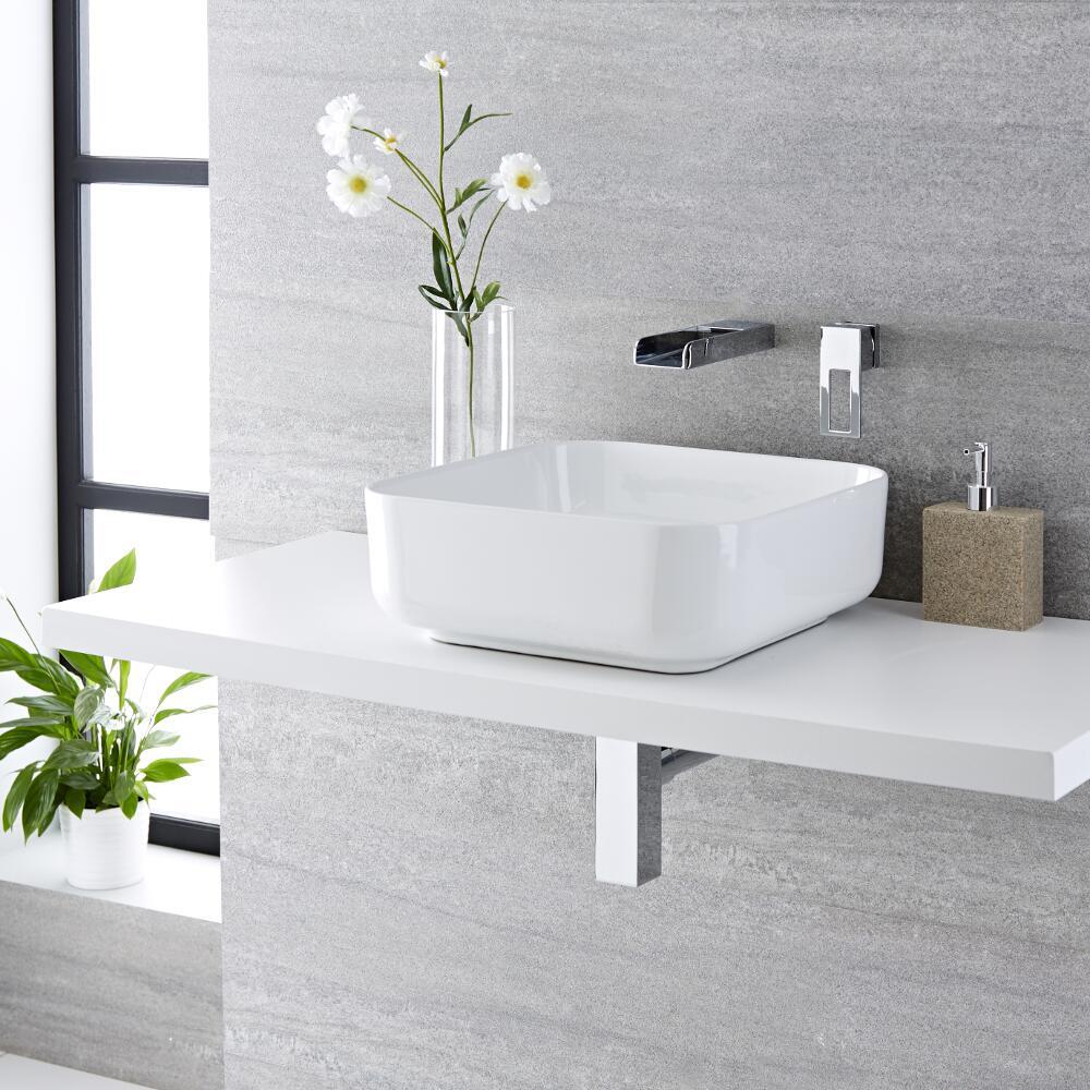 Milano Longton - White Modern Square Countertop Basin with Wall Hung Mixer Tap - 400mm x 400mm (No Tap-Holes)