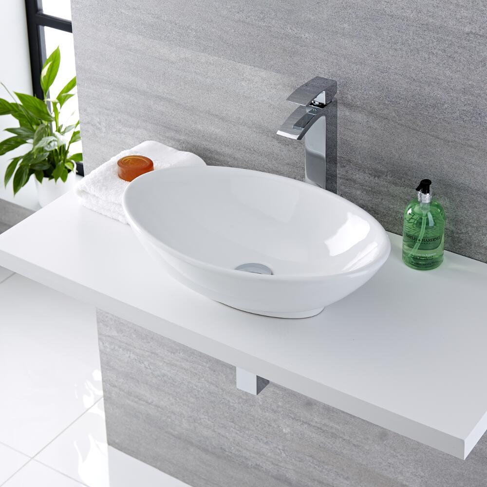Milano Altham - White Modern Round Countertop Basin with Deck Mounted High Rise Mixer Tap - 520mm x 320mm