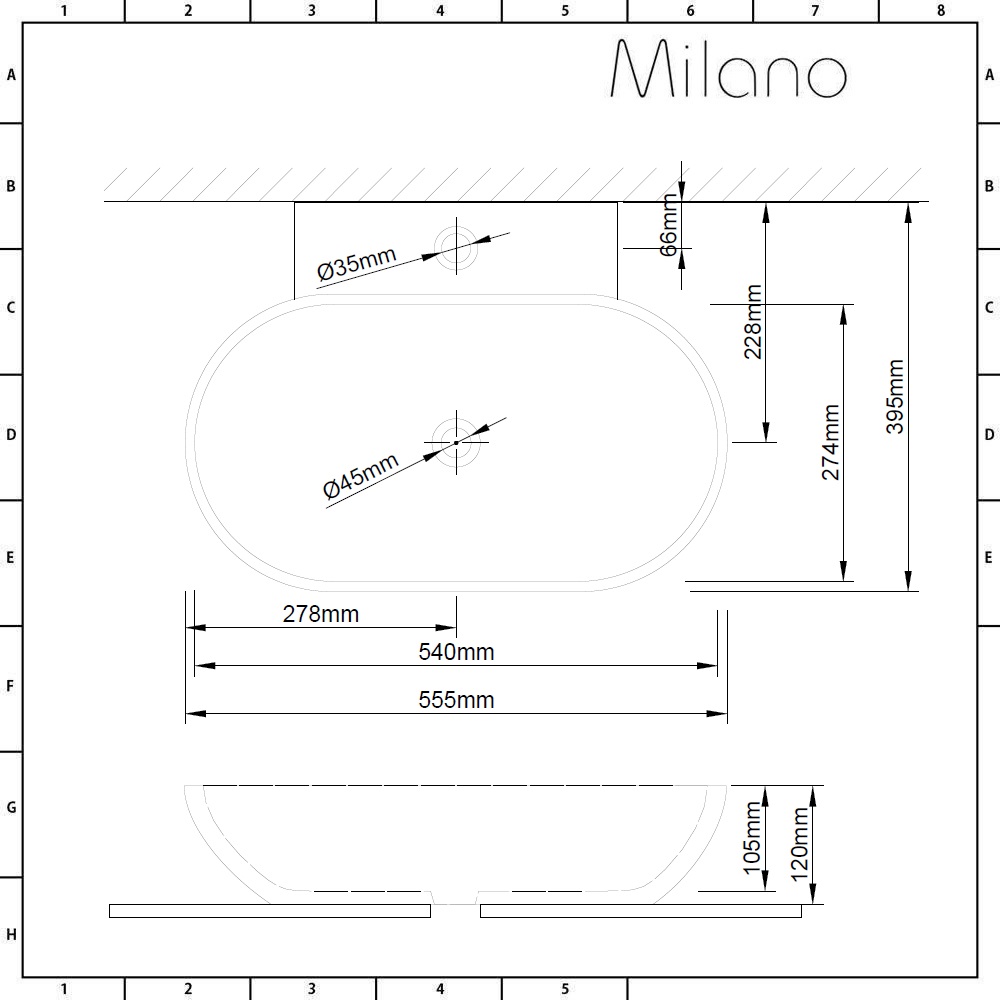 Milano Overton - White Modern Round Wall Hung Basin - 555mm X 395mm (1 ...