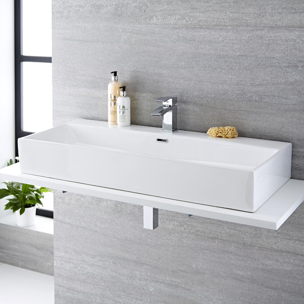 Milano Elswick - White Modern Rectangular Countertop Basin - 1010mm x 425mm (1 Tap-Hole)