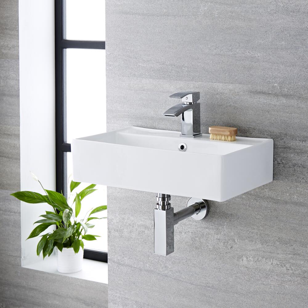 Milano Dalton - White Modern Rectangular Wall Hung Basin - 550mm x 315mm (1 Tap-Hole)