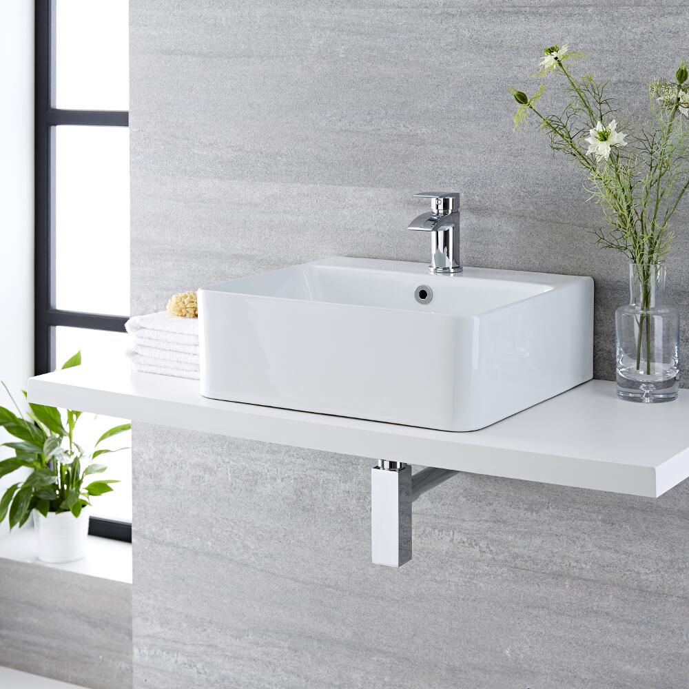 Milano Farington - White Modern Rectangular Countertop Basin with Mixer Tap - 460mm x 420mm (1 Tap-Hole)