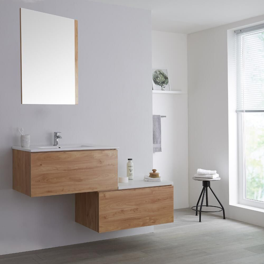 Milano Oxley - Oak 1400mm Wall Hung Stepped Vanity Unit with Basin
