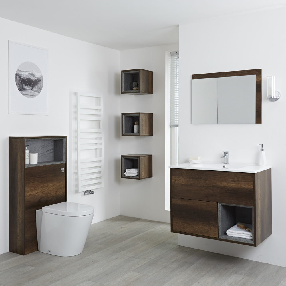 Milano Bexley - Dark Oak Modern 800mm Vanity Unit, WC Unit, Pan, Three