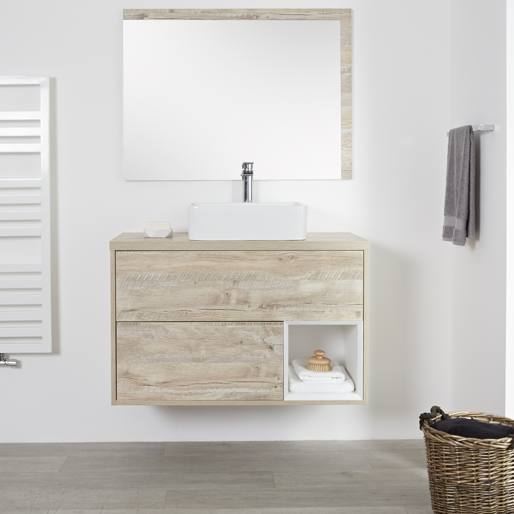 Milano Bexley - Light Oak Modern 1000mm Open Shelf Vanity Unit with Rectangular Countertop Basins (No Tap-Holes)