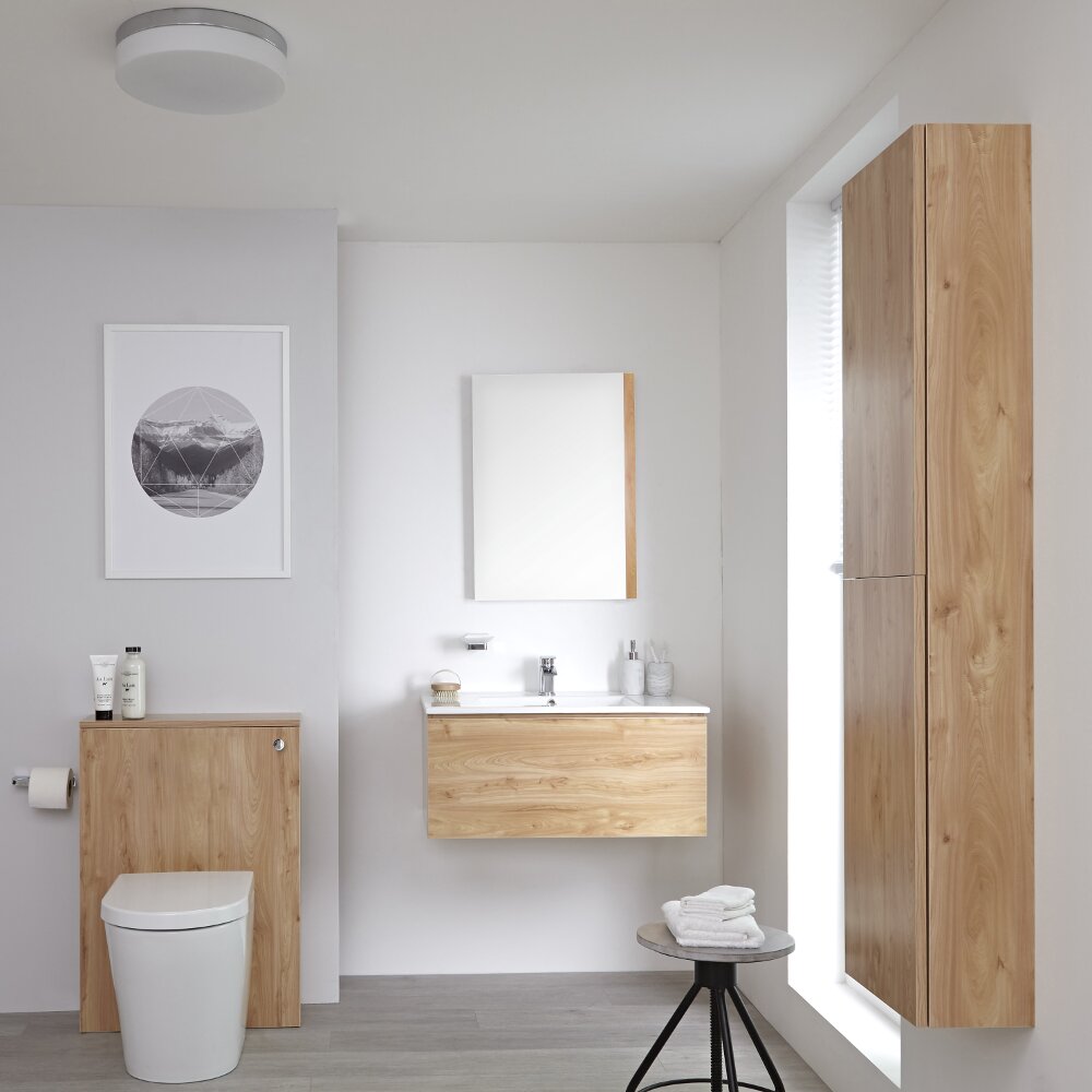 Milano Oxley - 800mm Vanity Unit with Basin, WC Unit and Back to Wall Pan, Storage Unit and Mirror - Golden Oak