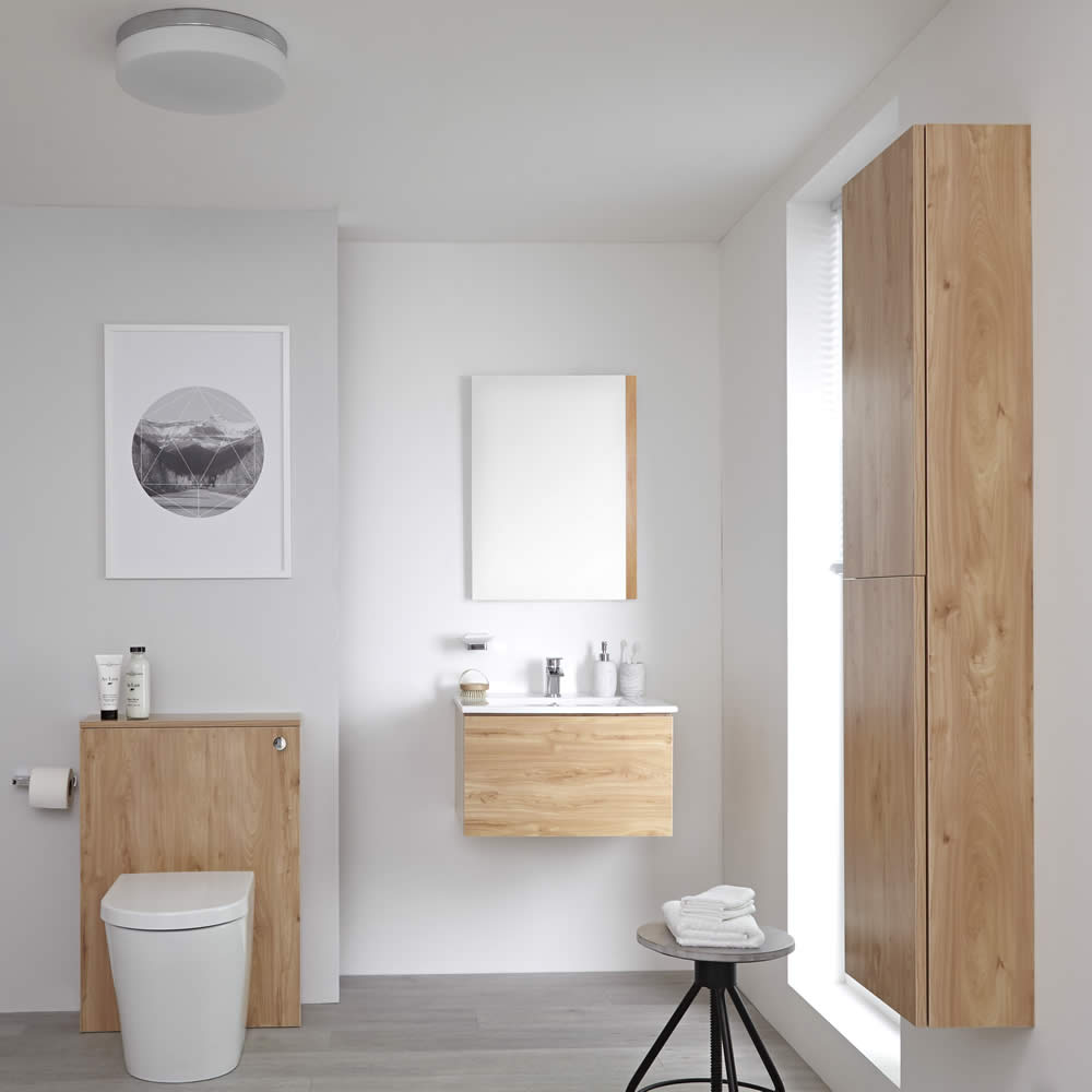 Milano Oxley - Golden Oak 600mm Vanity Unit with Basin, WC Unit, Back to Wall Pan, Storage Unit and Mirror