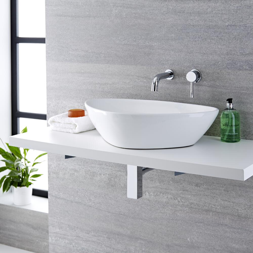 Milano Select - White Modern Round Countertop Basin with Wall Hung Mixer Tap - 590mm x 390mm