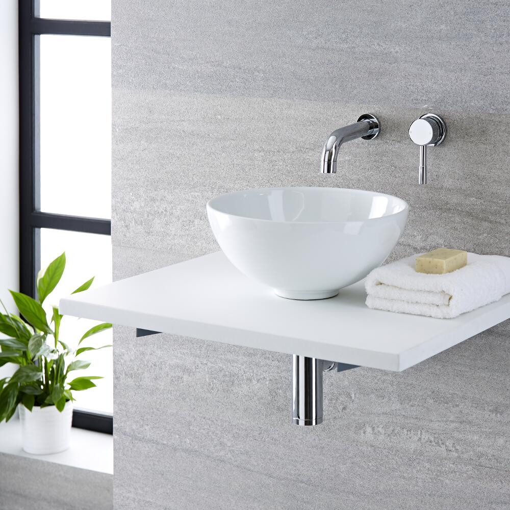 Milano Irwell - White Modern Round Countertop Basin with Wall Hung Mixer Tap - 320mm x 320mm (No Tap-Holes)