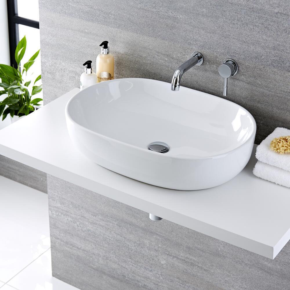 Milano Overton - White Modern Round Countertop Basin with Wall Hung Mixer Tap - 590mm x 410mm (No Tap-Holes)