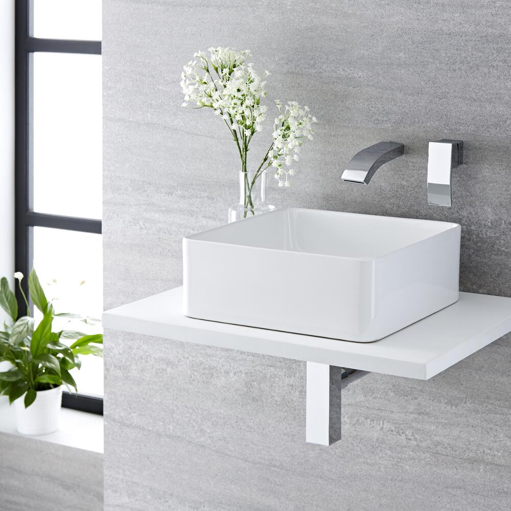 Milano Rivington - White Modern Square Countertop Basin with Wall Hung Mixer Tap - 360mm x 360mm (No Tap-Holes)