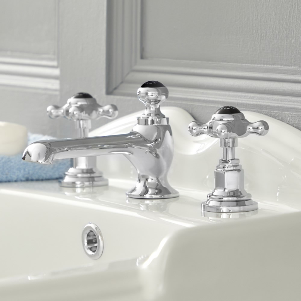 Milano Elizabeth - 3 Tap-Hole Crosshead Basin Mixer Tap - Chrome and Black