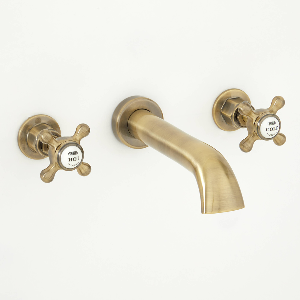 Milano Elizabeth - Traditional Wall Mounted 3 Tap-Hole Crosshead Basin Mixer Tap - Antique Brass