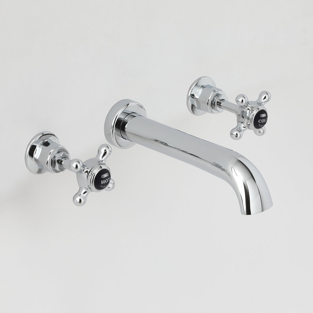 Milano Elizabeth - Traditional Wall Mounted 3 Tap-Hole Crosshead Basin Mixer Tap - Chrome and Black