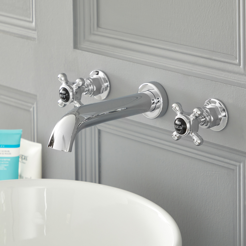 Milano Elizabeth - Traditional Wall Mounted 3 Tap-Hole Crosshead Basin Mixer Tap - Chrome and Black