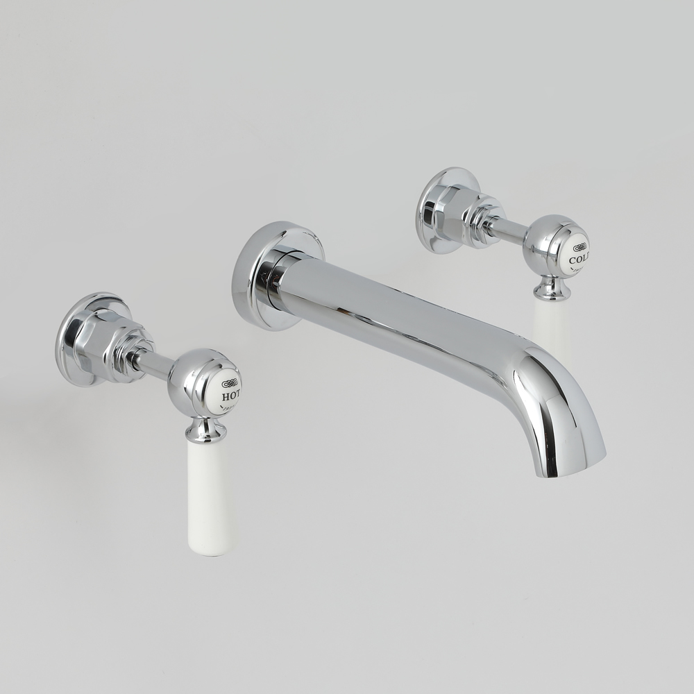 Milano Elizabeth - Traditional Wall Mounted 3 Tap-Hole Lever Basin Mixer Tap - Chrome and White