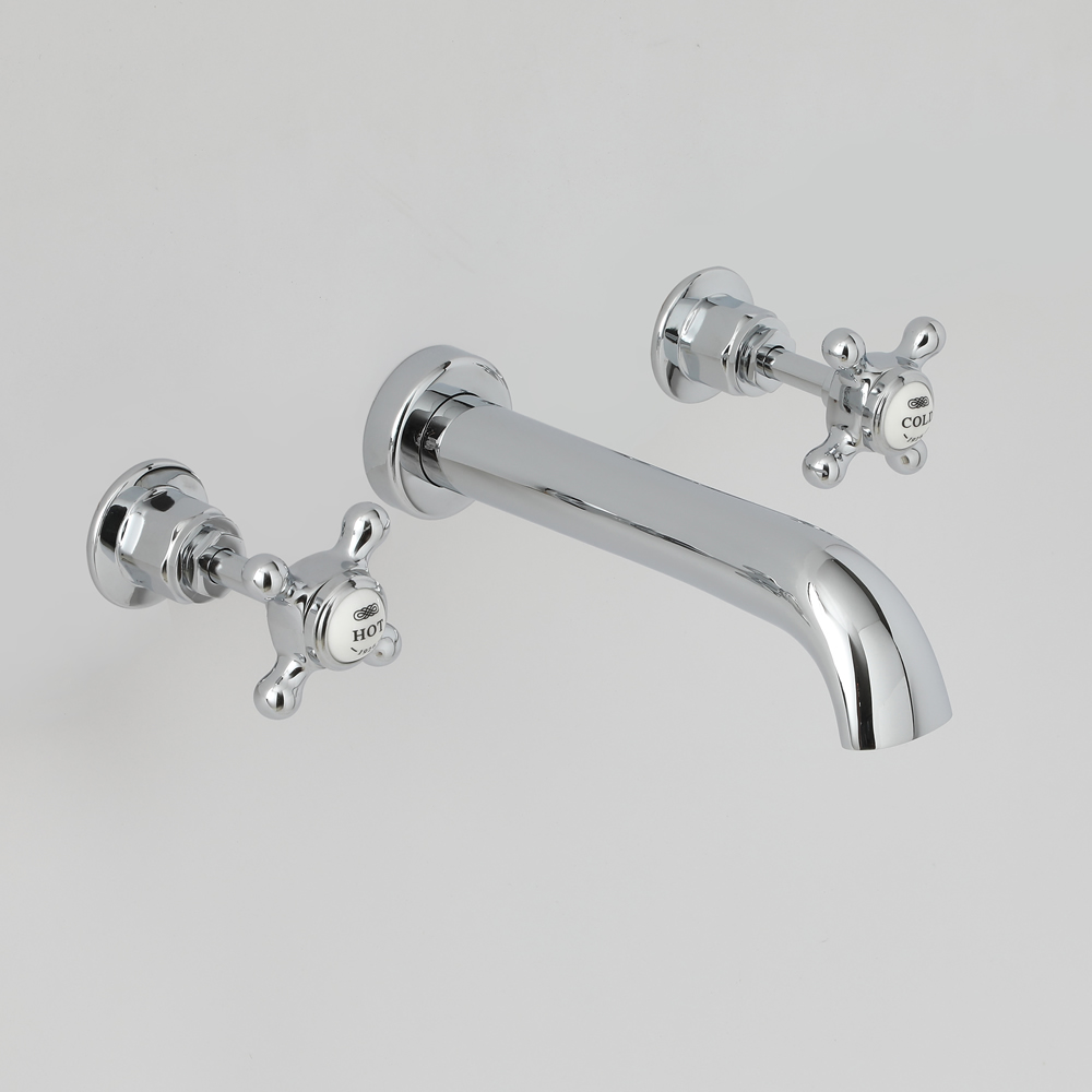 Milano Elizabeth - Traditional Wall Mounted 3 Tap-Hole Crosshead Basin Mixer Tap - Chrome and White