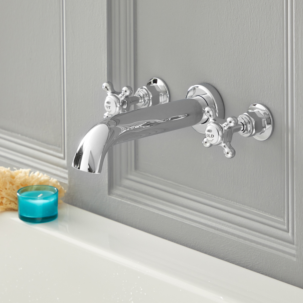 Milano Elizabeth - Traditional Wall Mounted 3 Tap-Hole Crosshead Bath Filler Tap - Chrome and White