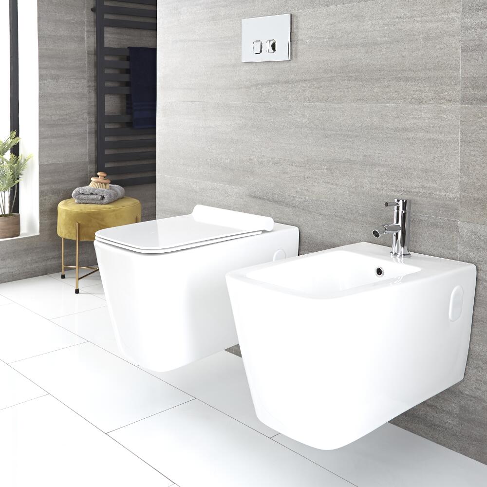 Milano Elswick - White Modern Wall Hung Toilet and Bidet Set - with Wall Frames and Flush Plate Option