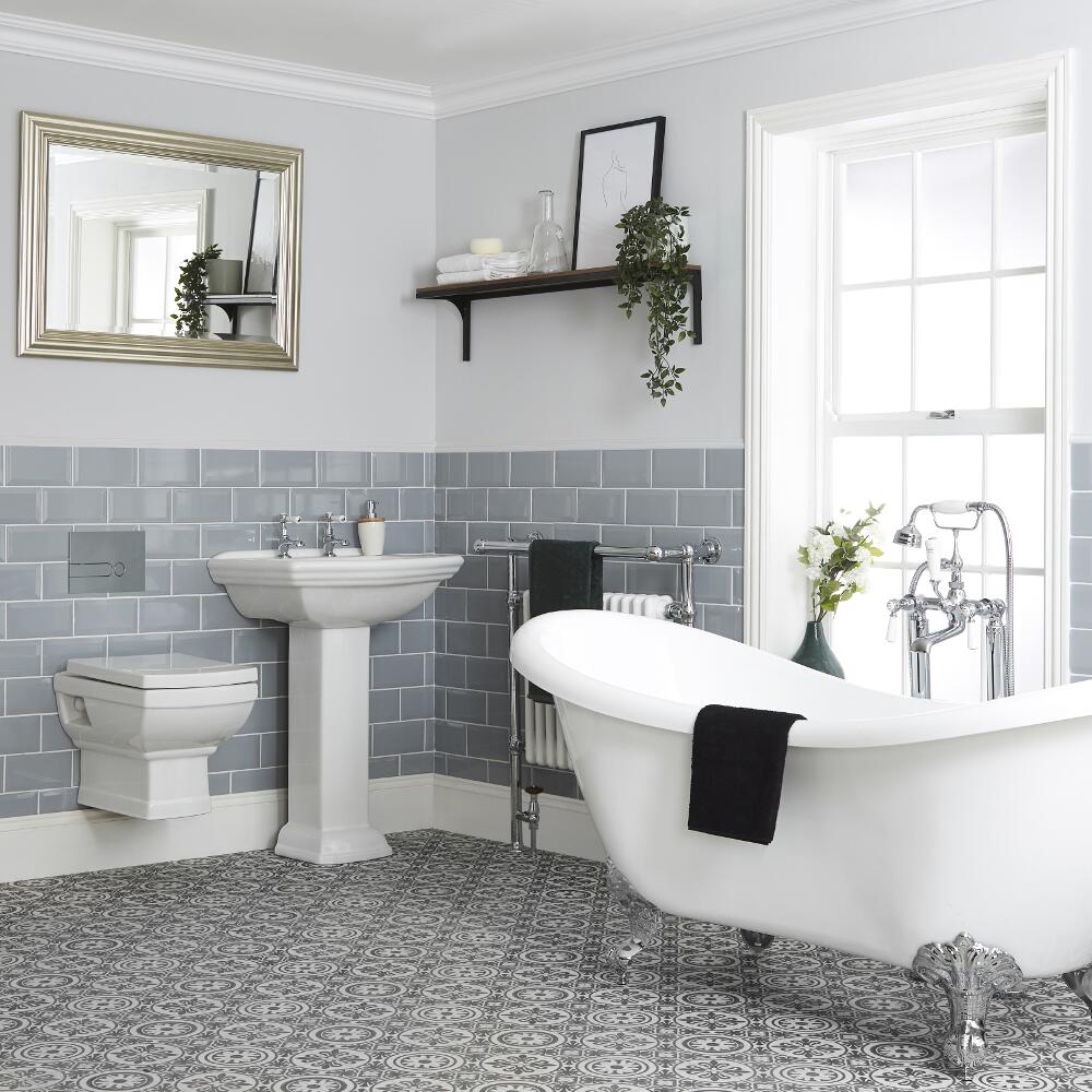 Milano Sandringham - Traditional Bathroom Suite with Freestanding Bath, Wall Hung Toilet and Pedestal Basin