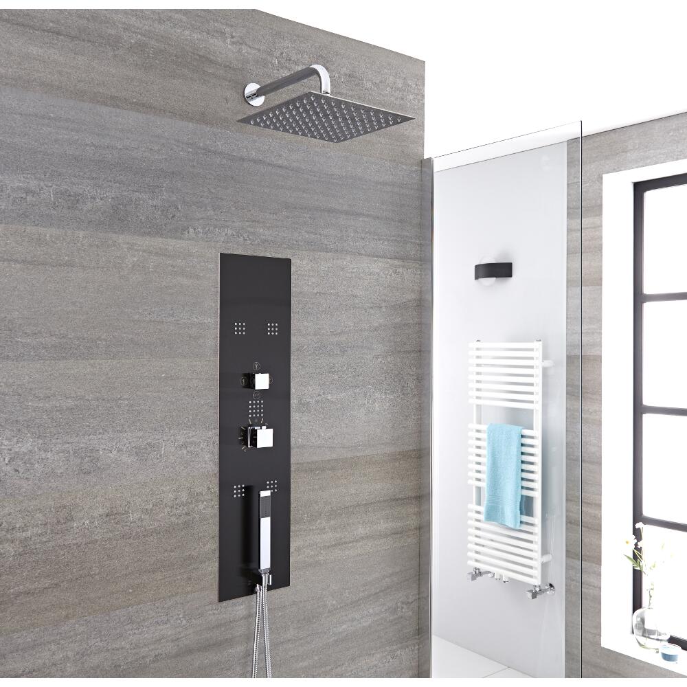 Milano Lisse - Modern Concealed Shower Tower Panel with Wall Mounted Square Shower Head, Hand Shower and Body Jets - Chrome and Grey