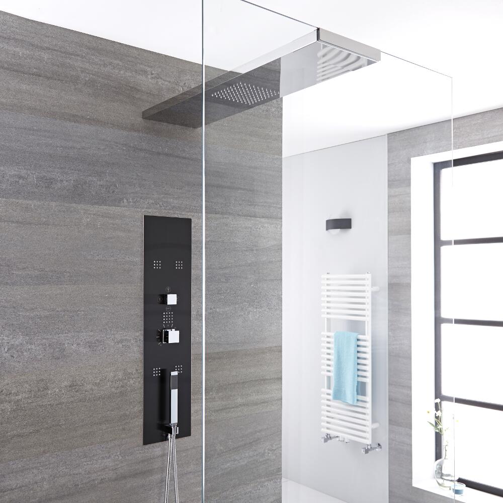 Milano Lisse - Modern Concealed Shower Tower Panel with 900mm Glass Grabbing Shower Head, Hand Shower and Body Jets - Chrome and Grey