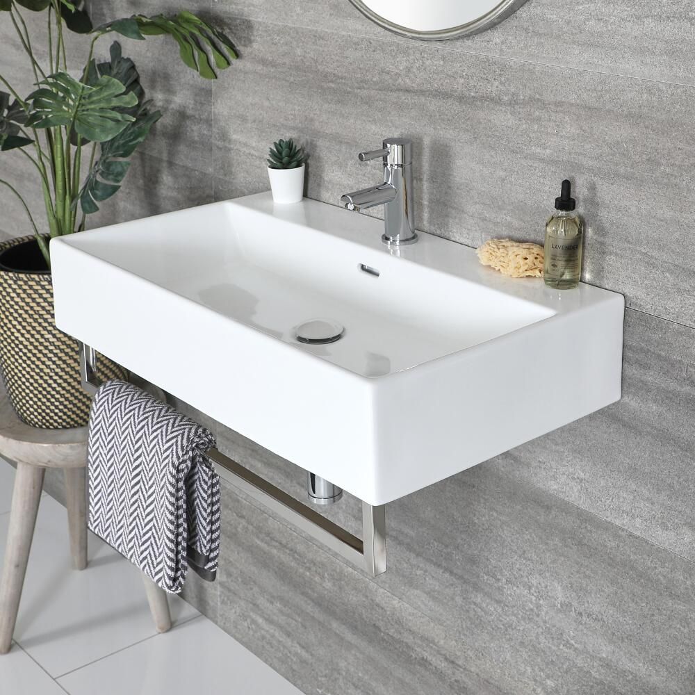 Milano Elswick White Modern 750mm X, Wall Hung Vanity Unit With Towel Rail