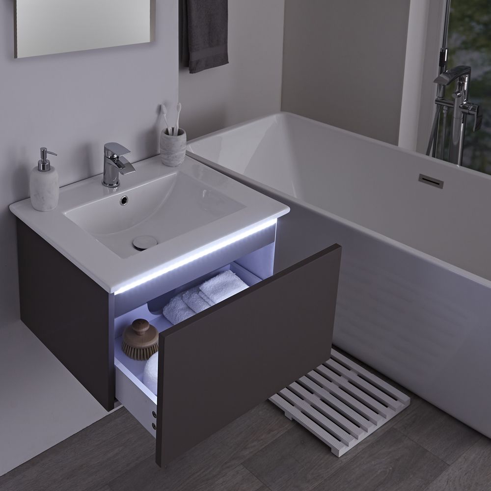 Grey 600mm Wall Hung Vanity Unit With Basin, Wall Hung Vanity Units For Bathrooms