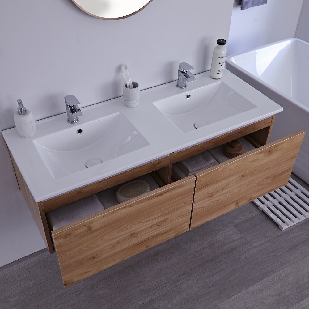 Golden Oak 1200mm Wall Hung Vanity Unit, Solid Wood Double Bathroom Vanity Units Uk