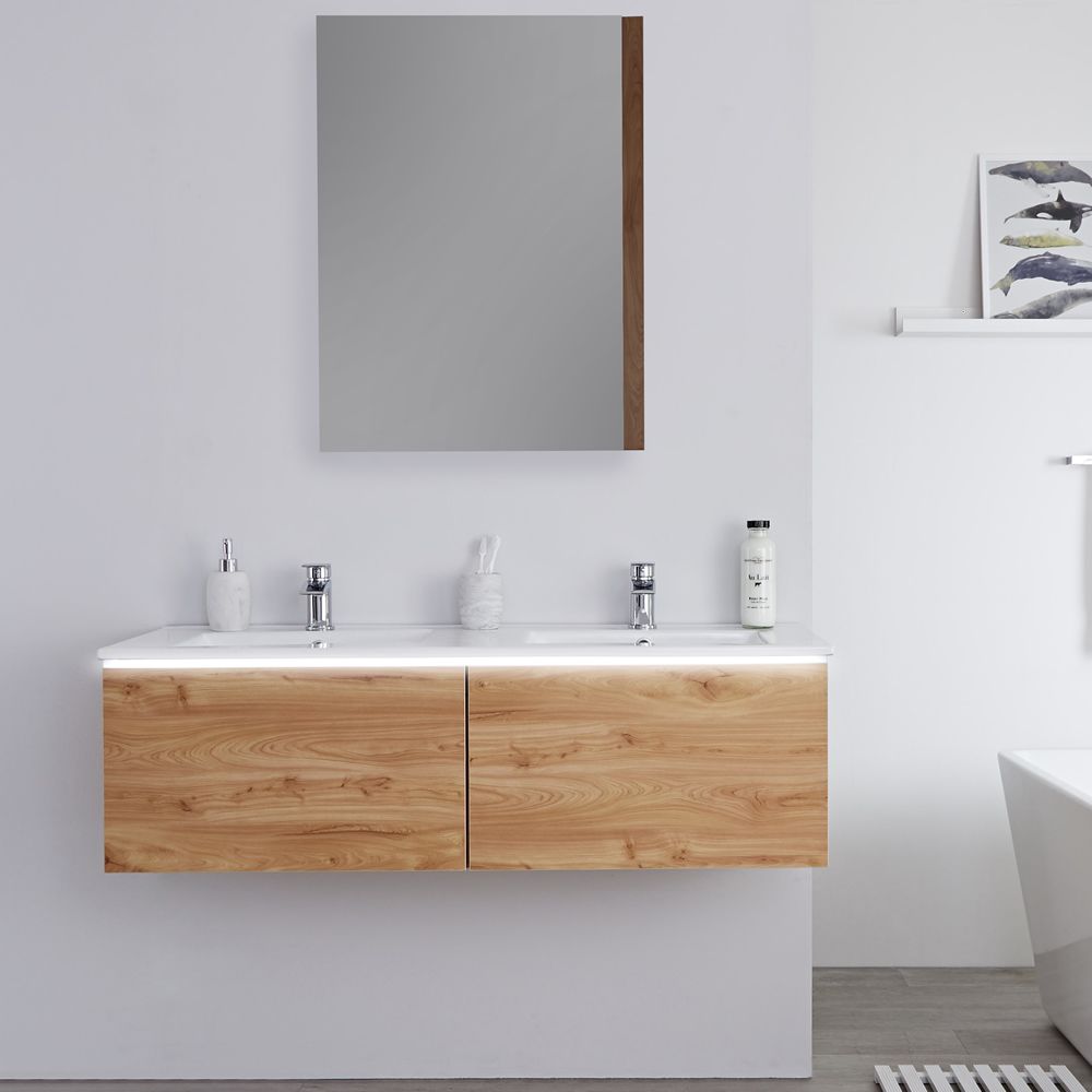 Golden Oak 1200mm Wall Hung Vanity Unit, Small Double Sink Vanity Unit