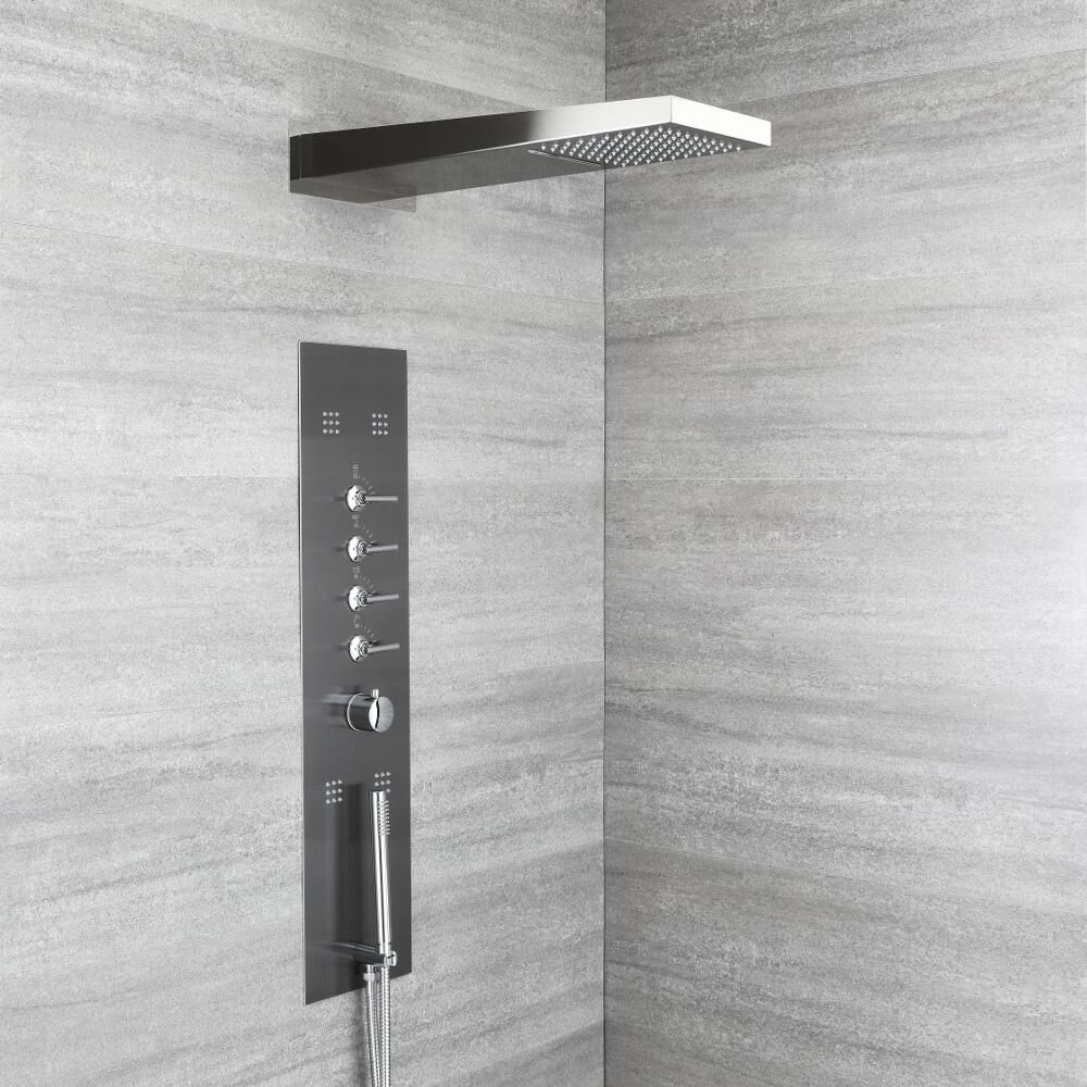 Milano Oceanie Modern Concealed Thermostatic Shower Tower Panel With Waterfall Shower Head Hand Shower And Body Jets Grey