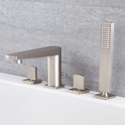 Milano Hunston - 4 Tap-Hole Modern Deck Mounted Bath Shower Mixer Tap with Hand Shower - Brushed Nickel