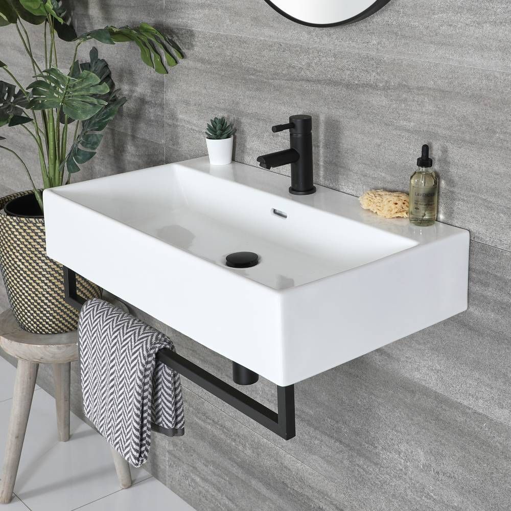 Milano Elswick White Modern Rectangular Wall Hung Basin with Towel Rail Choice of Size and Finish