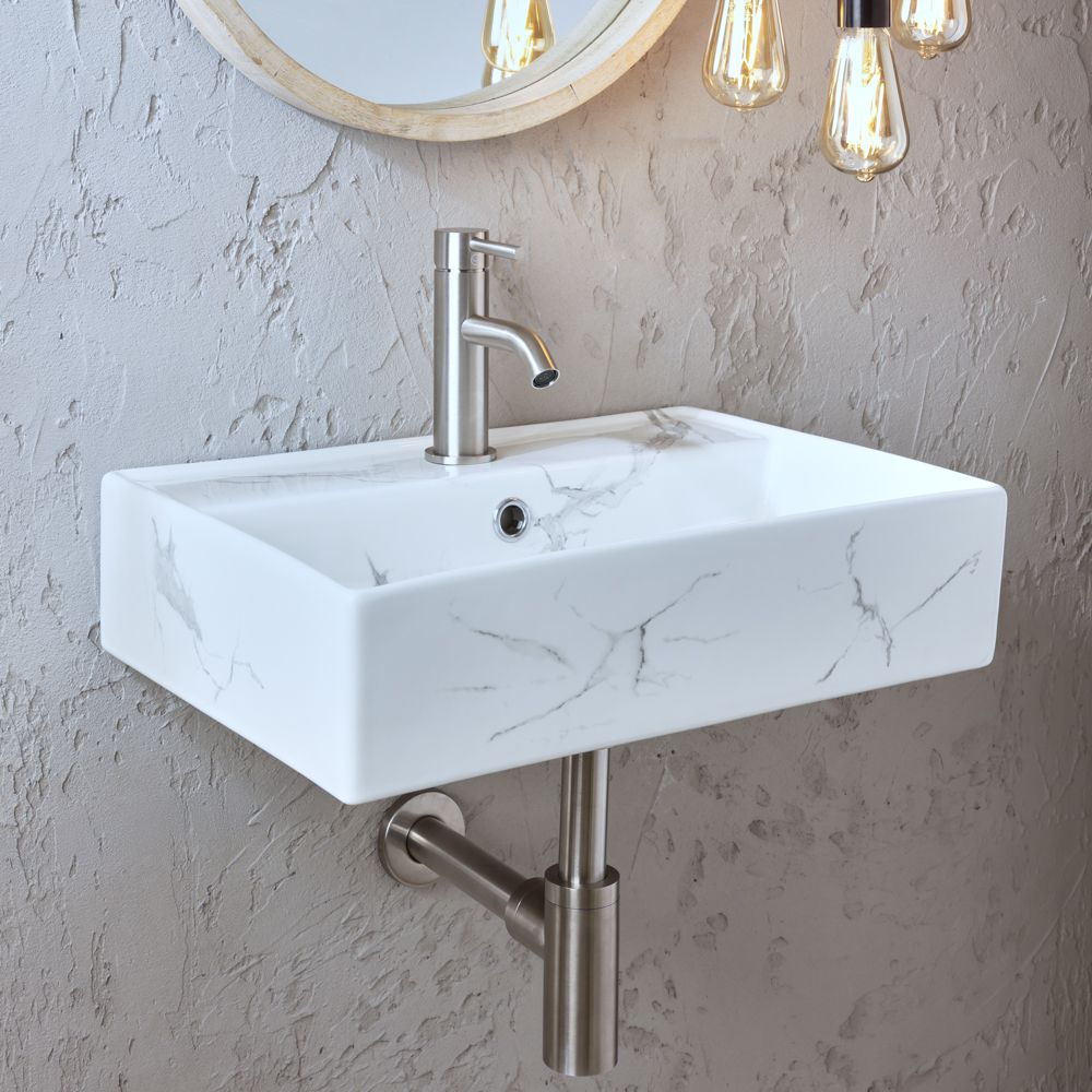 Milano Elswick - White Marble Effect Rectangular Wall Hung Basin ...