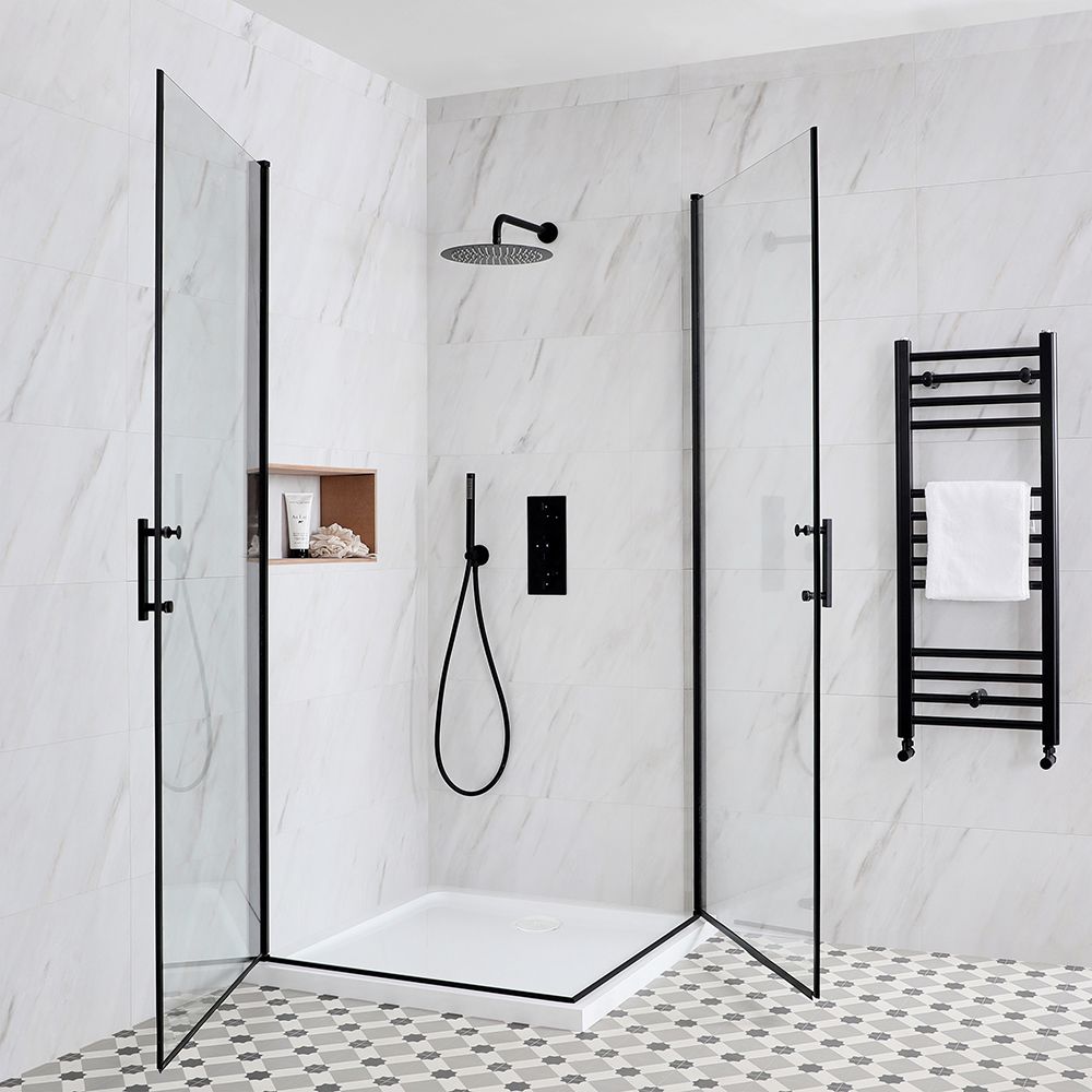 Milano Nero - Black Hinged Double Door Corner Shower Enclosure With Tray - Choice Of Sizes - View #12