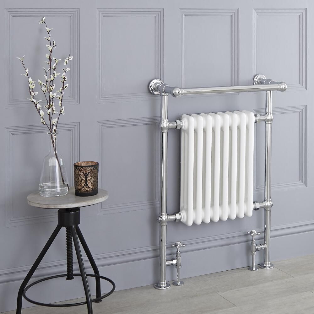 Milano Elizabeth White and Chrome Traditional Heated Towel Rail 930mm x 620mm With Overhanging Rail