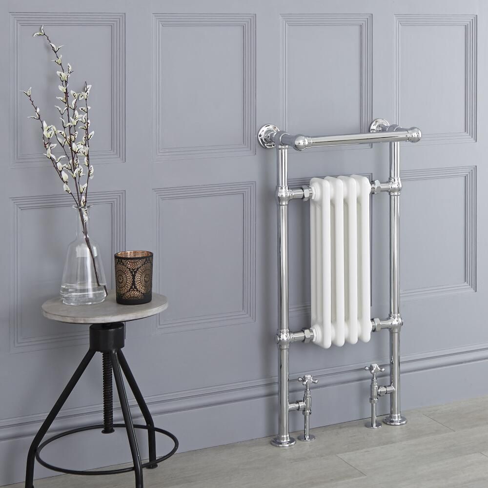 Milano Elizabeth White and Chrome Traditional Heated Towel Rail 930mm x 452mm With Overhanging Rail