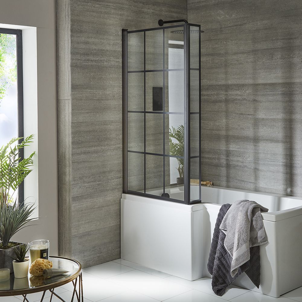 Milano Barq - Black Grid Hinged L Shaped Shower Bath Screen