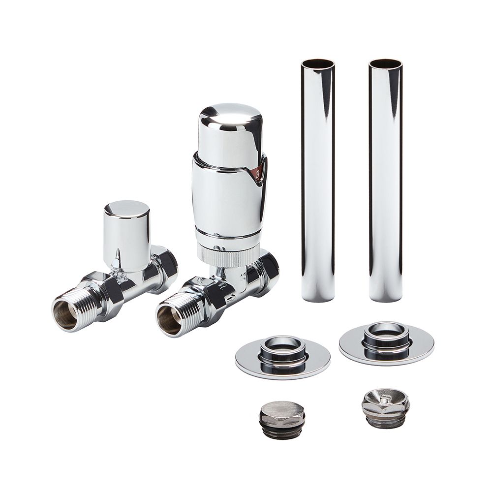 Milano Thermostatic Straight Radiator Valve and Pipe Sleeve Set