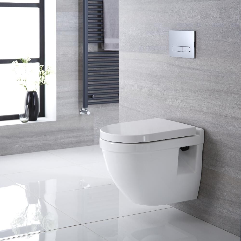 One-Piece Suspended Space Saving WC and Soft Close Seat Milano Newby Round Wall-Hung White Ceramic Toilet 