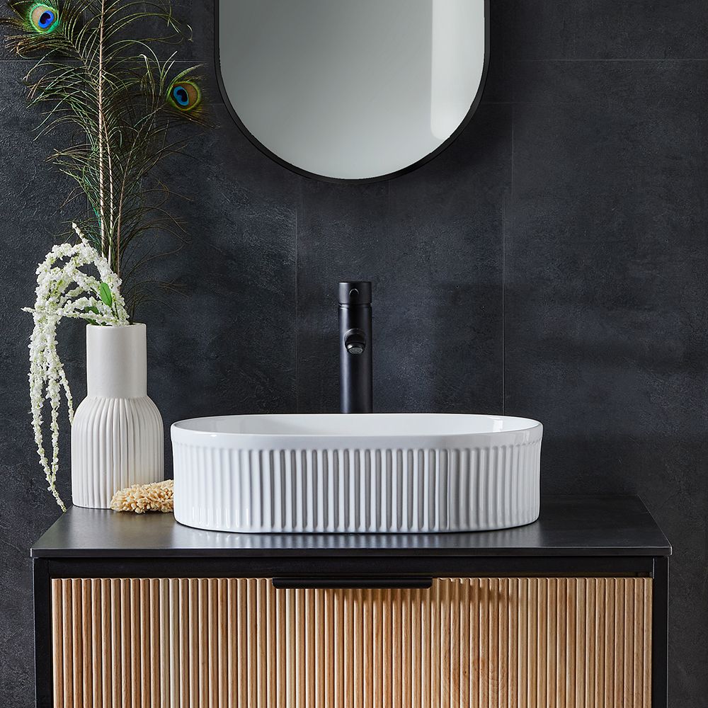 Milano Florence - White Fluted Oval Countertop Basin - 490mm x 310mm (No Tap-Holes)
