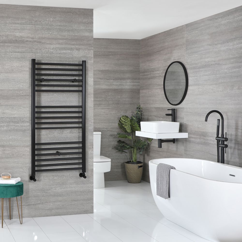 Myhomeware 600mm Wide x 1200mm High Flat Black Heated Towel Rail Radiator Electric Pre-filled With Thermostat 
