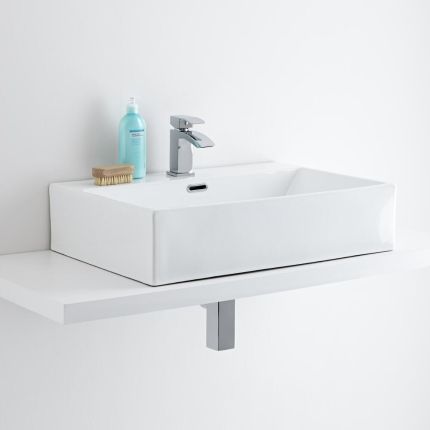 Milano Elswick - White Modern Rectangular Countertop Basin with Deck Mounted Mixer Tap - 605mm x 430mm