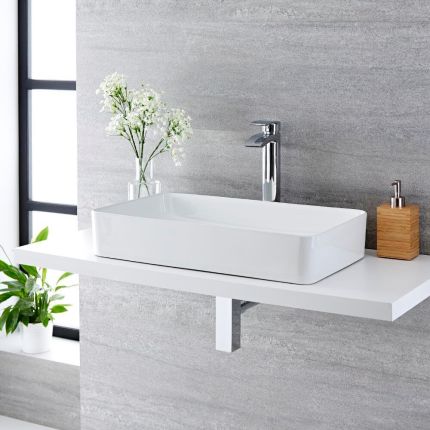 Milano Rivington - White Modern Rectangular Countertop Basin - 600mm x 340mm (No Tap-Holes)