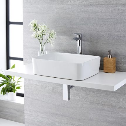 Milano Rivington White Modern Rectangular Countertop Basin 480mm x 370mm No Tap Holes