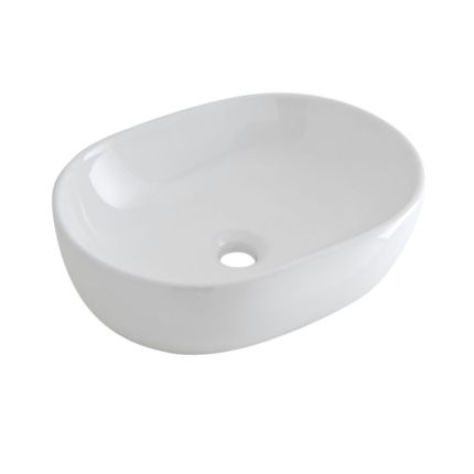 Milano Overton - White Modern Oval Countertop Basin with Wall Mounted Mixer Tap - 575mm x 360mm