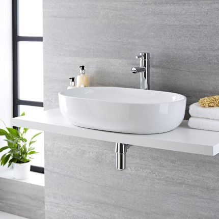 Milano Overton - White Modern Oval Countertop Basin - 590mm x 425mm (No Tap-Holes)