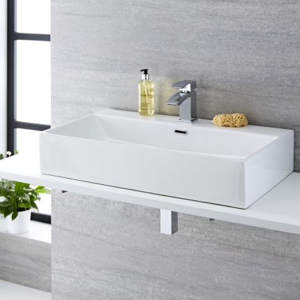 Milano Elswick - White Modern Rectangular Countertop Basin - 750mm x 420mm (1 Tap-Hole)